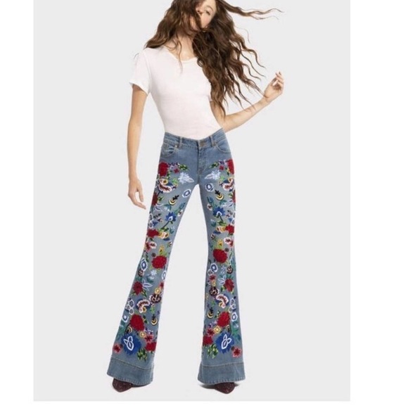 ALICE + OLIVIA Embroidered Ryley Bell Bottom Jean - Picture 2 of 5